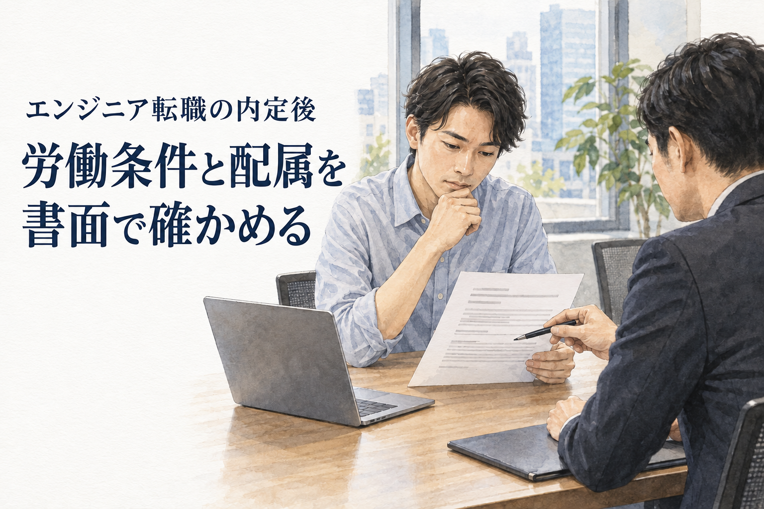 エンジニア 転職 内定の記事画像。採用担当者と条件書面を照合する面談。文字は「エンジニア転職の内定後／労働条件と配属を／書面で確かめる」。