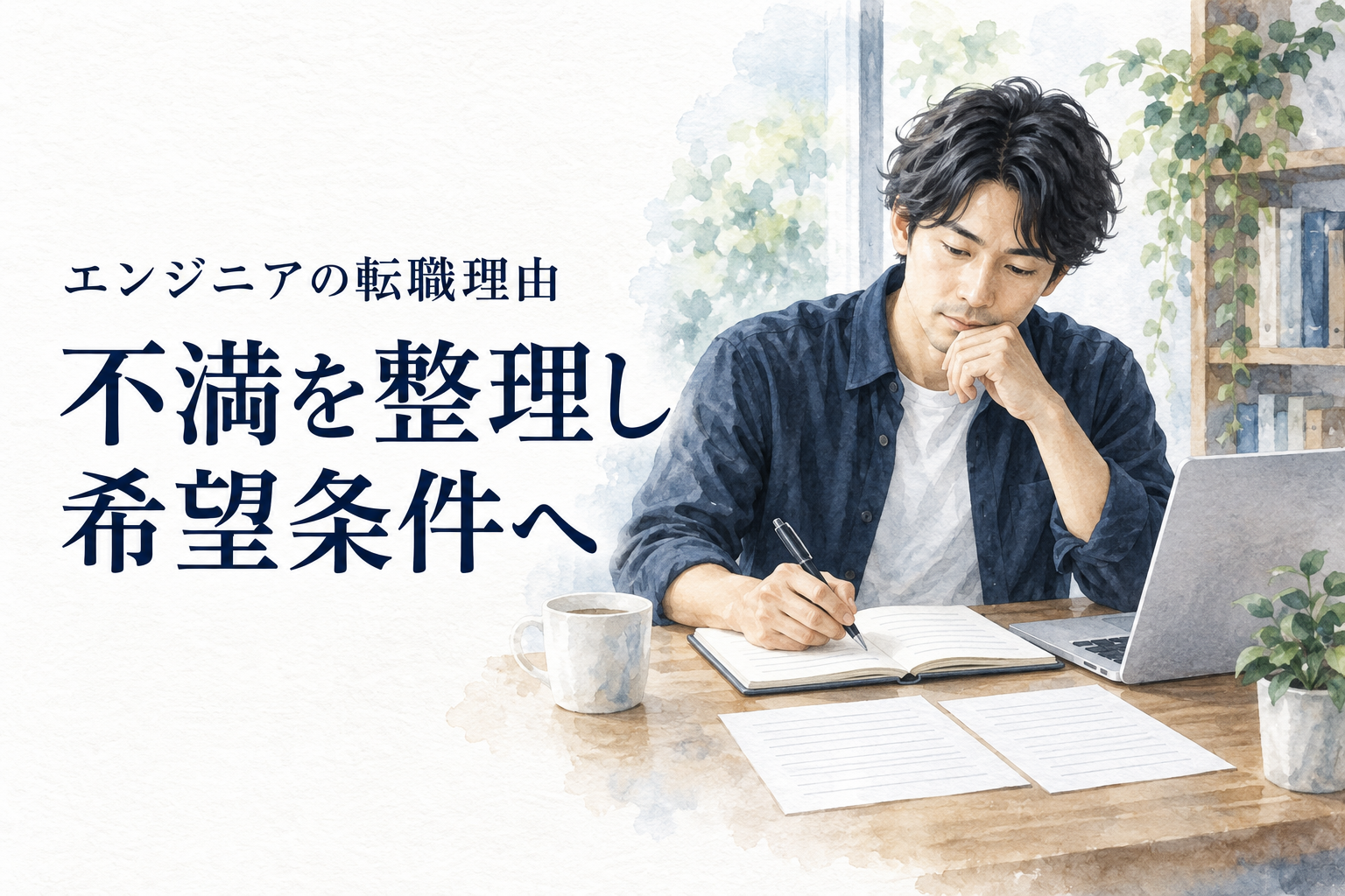 エンジニア転職 理由の記事画像。机でノートに経験と希望を書いて整理するエンジニア。文字は「エンジニアの転職理由／不満を整理し／希望条件へ」。
