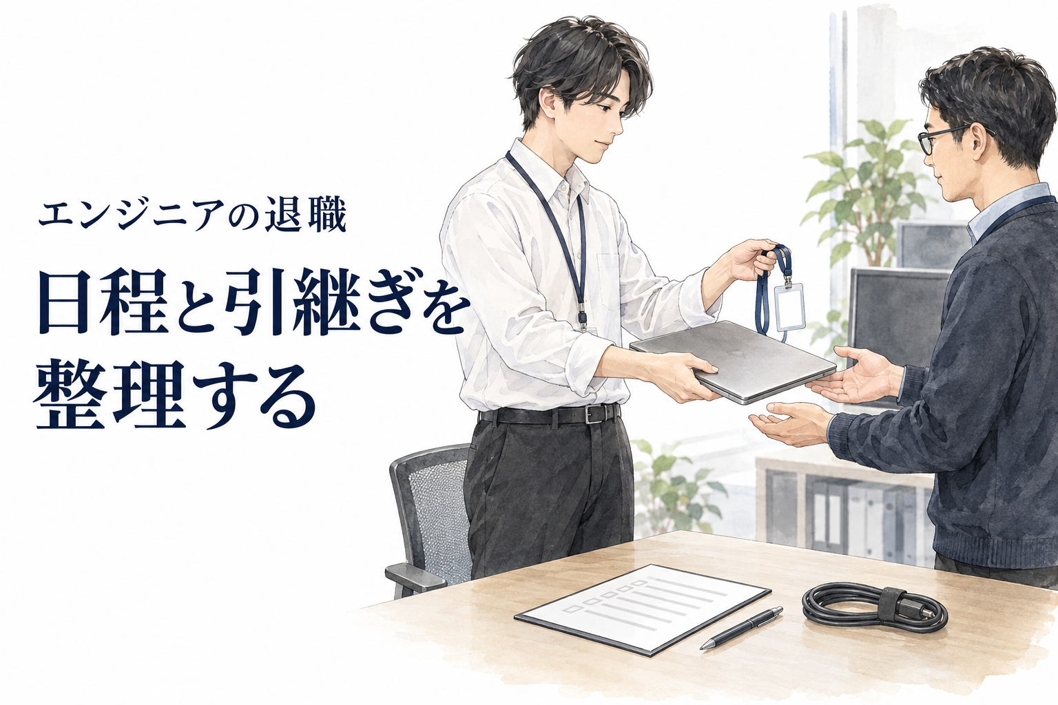 エンジニア 退職の記事画像。会社のパソコンと入館証を管理担当者へ返却する場面。文字は「エンジニアの退職／日程と引継ぎを／整理する」。