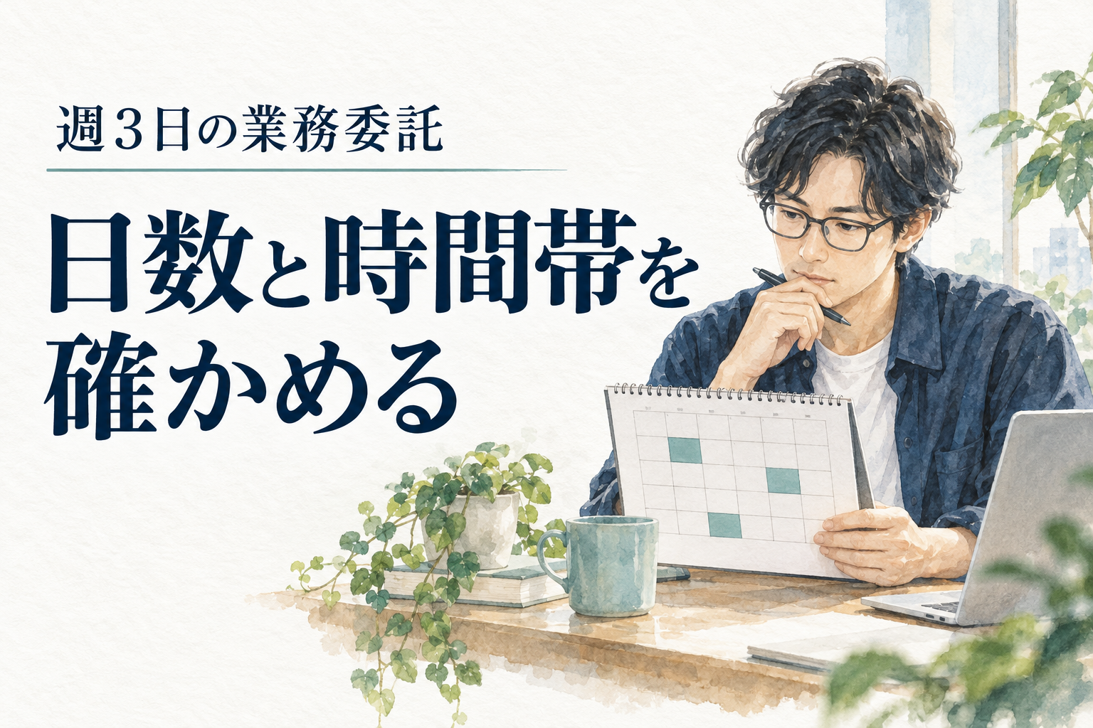 フリーランス エンジニア 週3の記事画像。水彩の仕事場面と「週3日の業務委託／日数と時間帯を確かめる」の文字。