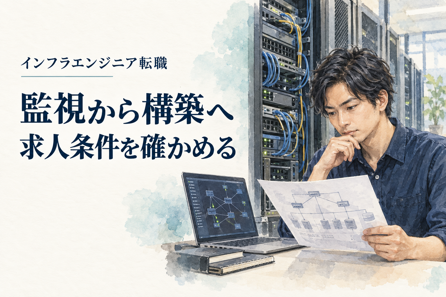 インフラ エンジニア 転職の記事画像。サーバーラックの隣で構成図を確認するエンジニア。文字は「インフラエンジニア転職／監視から構築へ／求人条件を確かめる」。