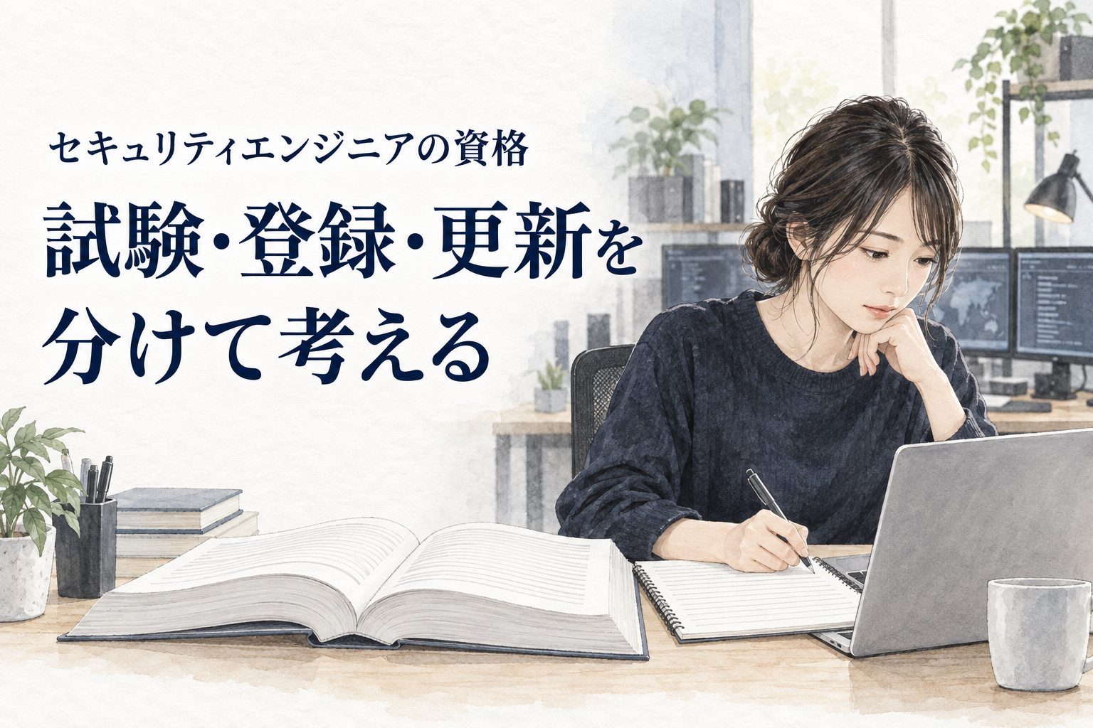 セキュリティエンジニア 資格の記事画像。書籍とノートとパソコンで資格の情報を整理する技術者。文字は「セキュリティエンジニアの資格／試験・登録・更新を／分けて考える」。