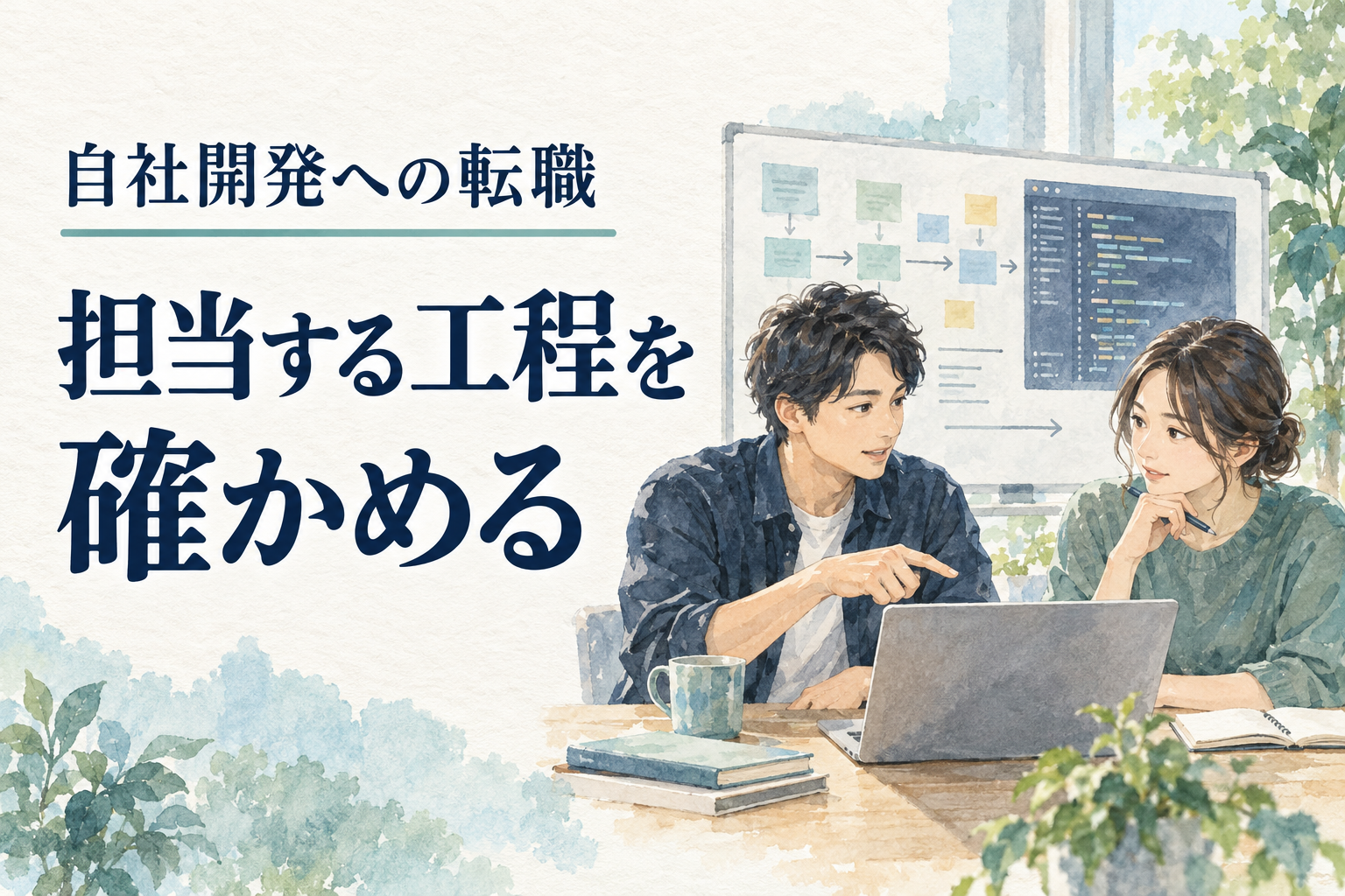 SES 自社開発 転職の記事画像。水彩の仕事場面と「自社開発への転職／担当する工程を確かめる」の文字。